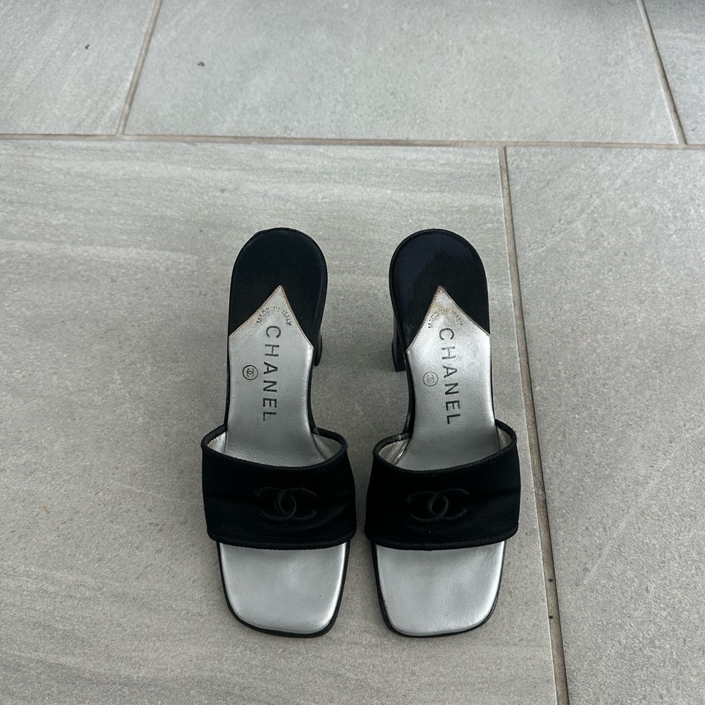 Vintage Chanel Women’s Black Slide Sandals with Silver Insole